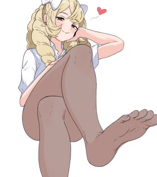 1girl blonde_hair bow breasts brown_pantyhose crossed_legs drill_hair earrings feet fire_emblem fire_emblem_awakening foot_focus from_below hair_bow half-closed_eyes hand_in_own_hair heart highres jewelry light_blush looking_at_viewer looking_down maribelle_(fire_emblem) medium_breasts nintendo no_pants no_shoes pantyhose red_eyes shirt short_sleeves sitting smile solo tavi_(hosheezus) toes wavy_mouth white_bow white_shirt