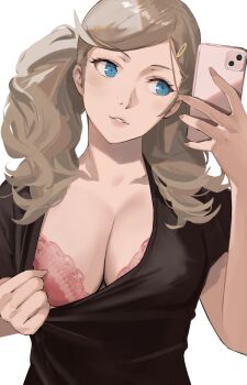 1girl absurdres black_shirt blonde_hair blouse blue_eyes bra breasts cleavage female_focus hair_ornament highres j@ck large_breasts lips persona persona_5 pink_bra selfie shirt simple_background smile solo takamaki_anne twintails underwear upper_body white_background