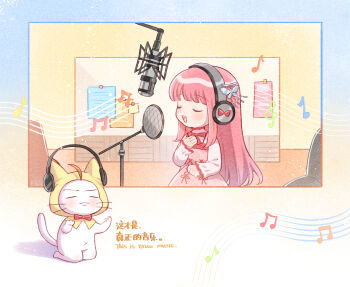 1girl ahoge animal artist_request bad_link blue_background blunt_bangs bow bowtie butterfly_hair_ornament cat chair chibi chinese_commentary clenched_hand cloak closed_eyes closed_mouth clothed_animal commentary_request cowboy_shot cross-laced_clothes cross-laced_dress dot_nose dress dress_ribbon ear_covers english_text furrowed_brow gradient_background hair_ornament hand_on_lap hand_on_own_chest happy headphones highres hood hood_up hooded_cloak indoors kneeling light_blush light_particles long_hair long_sleeves momo_(nikki) music musical_staff navel nikki_(nikki) nikki_(series) office_chair official_art open_mouth paper pinafore_dress pink_dress pink_hair plaid_clothes plaid_dress recording_audio recording_studio red_bow red_bowtie red_ribbon ribbon second-party_source shining_nikki shirt sidelocks singing sleeveless sleeveless_dress sleeves_past_wrists smile sticky_note swivel_chair teeth traditional_bowtie treble_clef turtleneck turtleneck_shirt two-tone_background upper_teeth_only very_long_hair whiskers white_cat white_shirt yellow_background yellow_cloak