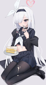 1girl :o absurdres black_choker black_coat black_hairband black_pantyhose black_sailor_collar black_serafuku black_shoes black_skirt blue_archive blunt_bangs blush bow braid cake cake_slice choker coat commentary cream eyelashes fine_fabric_emphasis food food_on_body food_on_face food_on_legs fork full_body grey_background hair_bow hair_over_one_eye hairband halo hand_up highres holding holding_fork holding_plate legs loafers long_bangs long_hair long_sleeves looking_at_viewer midriff miniskirt navel neckerchief open_clothes open_coat open_mouth pantyhose plana_(blue_archive) plate pleated_skirt red_halo red_pupils sailor_collar school_uniform serafuku sercet shoes simple_background single_braid sitting skirt solo straight_hair suggestive_fluid thighs tsurime very_long_hair white_bow white_hair white_neckerchief wide_sleeves yokozuwari