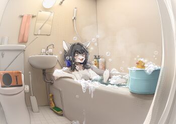 1girl animal_ears bathing bathroom bathtub black_hair body_fur breasts bucket closed_eyes faucet furry furry_female grey_fur highres indoors medium_breasts mirror misotsuki_ayabe open_mouth original partially_submerged radio radio_antenna rubber_duck sink soap_bubbles solo toilet water wet wolf_ears wolf_girl