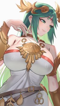 1girl absurdres alternate_breast_size_(larger) armlet bare_shoulders belt belt_buckle bracelet breasts brown_belt buckle closed_mouth commentary_request dress green_eyes green_hair hair_ornament highres jewelry kid_icarus kid_icarus_uprising large_breasts long_hair multiple_belts nintendo palutena simple_background smile solo strapless strapless_dress very_long_hair white_background white_dress yasaikakiage