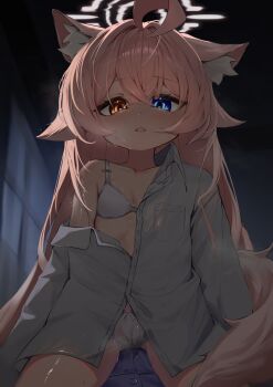 1girl absurdres ahoge animal_ears blue_archive blue_eyes bra breasts cheeckae commentary halo heterochromia highres hoshino_(blue_archive) korean_commentary long_hair panties pink_hair shirt small_breasts underwear white_bra white_panties white_shirt