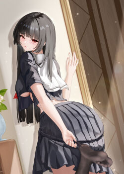 1girl absurdres adjusting_clothes adjusting_sock against_wall black_hair black_serafuku black_shirt black_skirt blush breasts chinese_commentary chisa_(wuthering_waves) commentary_request crop_top crop_top_overhang fingernails from_behind highres indoors large_breasts leg_up long_hair looking_at_viewer looking_back no_shoes red_eyes sailor_collar school_uniform serafuku shirobako_srbk shirt skirt solo underboob white_sailor_collar wuthering_waves