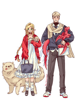 1boy 1girl alternate_costume bag blonde_hair braid choker collarbone contemporary dog dollyadayo dress dungeon_meshi falin_touden full_body green_eyes handbag highres jacket laios_touden long_hair low-braided_long_hair low-tied_long_hair marcille&#039;s_familiar marcille_donato necktie open_mouth pointy_ears red_dragon_(dungeon_meshi) scarf shoes shopping_bag short_hair smile sneakers socks standing stuffed_toy white_background yellow_eyes