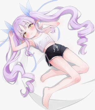 1girl absurdres arm_up armpits barefoot black_shorts blue_ribbon blush brown_eyes feet fella_(vpffk0731) highres kyoka_(princess_connect!) legs long_hair lying midriff navel on_back pointy_ears princess_connect! purple_hair ribbon shirt short_shorts shorts sleeveless sleeveless_shirt solo thighs toes very_long_hair white_shirt