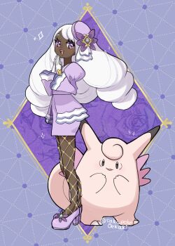 1girl clefable dark-skinned_female dark_skin dress fascinator fishnet_pantyhose fishnets full_body gen_1_pokemon gloves hair_ornament hands_up high_heels highres jacinthe_(pokemon) juliet_sleeves long_hair long_sleeves looking_at_viewer low_drills mega_stone nintendo open_mouth own_hands_together pantyhose pokemon pokemon_(creature) pokemon_legends:_z-a puffy_sleeves purple_dress purple_eyes purple_hair purple_shoes saki_pokeoekaki shoes smile standing teeth upper_teeth_only very_dark_skin white_gloves wings