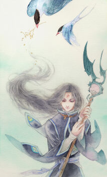 1boy androgynous bird bird_request black_hair closed_eyes closed_mouth commentary_request facial_mark fire_emblem fire_emblem:_radiant_dawn forehead_mark highres holding holding_staff long_hair male_focus nintendo senehrio solo soren_(fire_emblem) staff wide_sleeves