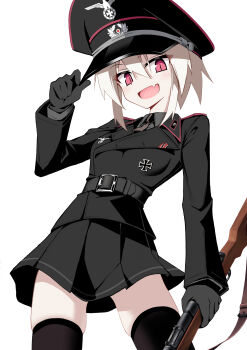Rule 34 | absurdres, belt, black gloves, black shirt, black thighhighs, blazer, blonde hair, bolt action, breasts, commentary request, gloves, gun, hat, highres, holding, holding gun, holding weapon, jacket, jiseki rena, looking at viewer, mauser 98, medium breasts, military uniform, nazi, original, peaked cap, pleated skirt, red eyes, reichsadler, rifle, shirt, skindentation, skirt, thigh focus, thighhighs, thighs, weapon, weapon request, zettai ryouiki