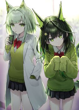 2girls absurdres ahoge alternate_costume animal_ear_fluff animal_ears arknights black_hair black_skirt bloom blurry blurry_background bow bowtie breast_pocket cardigan cat_ears cat_girl closed_mouth coat colored_tips crystal_tail dot_mouth dot_nose drinking drinking_straw fake_animal_ears green_cardigan green_eyes green_hair hair_intakes hair_ornament hairpin hand_in_pocket highres holding_juice_box huge_ahoge kal&#039;tsit_(arknights) lab_coat landl light_particles long_hair long_sleeves looking_at_viewer medium_hair miniskirt mon3tr_(arknights) monster_energy multicolored_hair multiple_girls open_clothes open_coat outdoors pleated_skirt pocket red_bow red_bowtie shirt skirt sleeves_past_fingers sleeves_past_wrists tail white_coat white_shirt