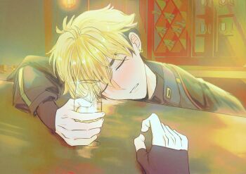 1boy absurdres alcohol black_gloves black_hair black_jacket black_shirt blonde_hair blue_jacket blush closed_eyes cup drinking_glass drunk earrings fingerless_gloves glass gloves hashtag-only_commentary highres holding holding_cup implied_yaoi indoors jacket jewelry male_focus multicolored_hair out_of_frame parted_lips pov pov_hands shiguang_dailiren shirt short_hair sleeping solo_focus sz_lxf0727 table tears turtleneck two-tone_hair upper_body xia_fei