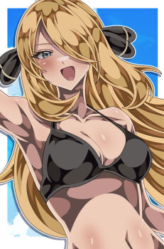 1girl armpits bikini black_bikini blonde_hair blue_background blush border breasts commentary_request cynthia_(pokemon) hair_ornament hair_over_one_eye highres long_hair looking_at_viewer medium_breasts navel nintendo open_mouth outside_border pokemon pokemon_dppt shiki_(kisikisi1007) smile solo swimsuit upper_body white_border