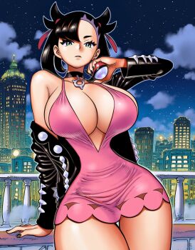 1girl alternate_breast_size_(larger) artist_request black_hair black_jacket breasts city cleavage collar dress earrings green_eyes highres holding holding_poke_ball huge_breasts jacket jewelry leather leather_jacket marnie_(pokemon) night nintendo one_piece open_clothes open_jacket pendant pink_dress poke_ball pokemon pokemon_swsh revealing_clothes solo source_request thick_thighs thighs twintails