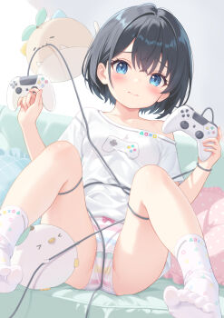 1girl black_hair blue_eyes blush bow bow_panties breasts cable closed_mouth collarbone commentary_request controller game_controller hands_up highres holding holding_controller holding_game_controller indoors looking_at_viewer multicolored_panties off-shoulder_shirt off_shoulder original paid_reward_available panties rebun shirt short_hair short_sleeves single_bare_shoulder sitting small_breasts socks solo striped_clothes striped_panties toes underwear white_shirt white_socks