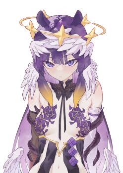 1girl absurdres asymmetrical_gloves bare_shoulders boijfal breasts commentary dot_nose feathered_wings floral_print gloves halo head_wings highres hololive hololive_english long_hair looking_at_viewer low_wings multicolored_hair navel ninomae_ina'nis orange_hair purple_eyes purple_hair rose_print simple_background small_breasts solo star_(symbol) tentacle_hair virtual_youtuber wings
