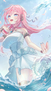 1girl absurdres bangle blue_eyes blue_nails blue_sky bracelet breasts commentary_request dress frilled_dress frills gramophone_luka halterneck highres jewelry large_breasts long_hair megurine_luka off-shoulder_dress off_shoulder open_mouth outdoors pink_hair sky smile solo sparkle underboob very_long_hair vocaloid vs0mr wading water water_drop white_dress