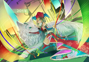 1girl blonde_hair chinese_zodiac detached_sleeves flat_chest fur fur_collar fur_trim green_eyes happy_new_year hat heterochromia holding holding_string jester jester_cap kneeling looking_at_viewer mechabare mitake_eil nail_polish nengajou new_year original pointy_boots red_eyes smile string thighhighs white_wolf year_of_the_dog
