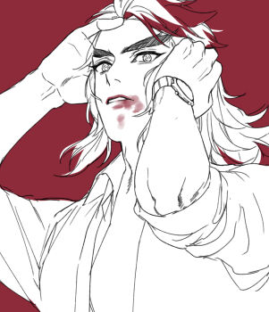 1boy adjusting_hair collared_shirt commentary_request forked_eyebrows hashimoto_(yanagi-momo) kimetsu_no_yaiba limited_palette lips lipstick lipstick_mark long_hair looking_at_viewer makeup male_focus medium_hair monochrome multicolored_hair necktie parted_lips red_background red_hair rengoku_kyoujurou shirt simple_background sleeves_rolled_up solo spot_color streaked_hair thick_eyebrows two-tone_hair undone_necktie upper_body watch wristwatch