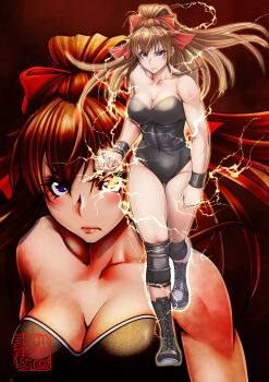 1girl absurdres black_background black_leotard boots bow breasts brown_hair collarbone covered_navel daikokuya_yenjaku electricity full_body gradient_background hair_bow highres knee_pads lace-up_boots leotard lips logo long_hair looking_at_viewer medium_breasts ponytail purple_eyes red_background red_bow solo thunder_ryuko wrestle_angels wrestle_angels_survivor wrestler wrestling_outfit