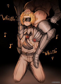 1boy 1girl armor ascot belt black_ascot black_hair blindfold blonde_hair blush breasts collared_shirt drooling english_text female_pubic_hair gauntlets grabbing_another&#039;s_hair highres holding holding_another&#039;s_hair holding_whip kneeling kromer_(project_moon) leoderorero limbus_company long_sleeves medium_breasts musical_note n_corp._fanatic_(identity)_(project_moon) open_mouth project_moon pubic_hair pussy pussy_juice pussy_juice_trail shirt short_hair simple_background sinclair_(project_moon) teeth uncensored upper_teeth_only wax_seal