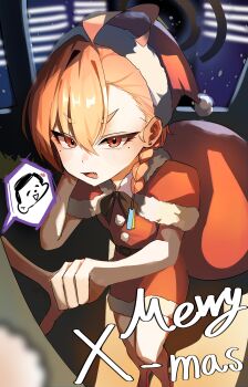 1girl ahoge alternate_costume belt blue_archive braid capelet christmas doodle_sensei_(blue_archive) dress earrings fang fur-trimmed_capelet fur-trimmed_dress fur_trim hair_between_eyes hair_ornament halo hat heart holding holding_sack index_finger_raised jewelry mole_under_each_eye mole_under_eye multiple_moles neru_(blue_archive) open_mouth orange_hair poking red_capelet red_dress red_eyes red_hat red_shoes sack santa_costume santa_dress santa_hat sensei_(blue_archive) shoes short_dress short_hair side_braid standing tama_rickt