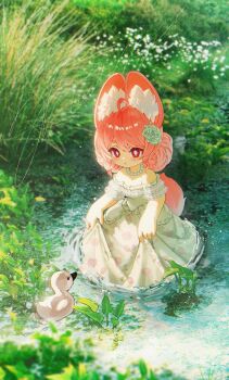 1girl absurdres ahoge animal_ear_fluff animal_ears bare_shoulders bird commentary day double_bun dress duck english_commentary flower from_above from_side full_body furry furry_female grass hair_between_eyes hair_bun hair_flower hair_ornament highres holding_own_dress jewelry long_dress medium_hair necklace off-shoulder_dress off_shoulder outdoors parted_lips pearl_necklace pink_fur pink_hair pond rabbit_ears rabbit_girl red_eyes reflection short_eyebrows short_sleeves signature solo standing thick_eyebrows wading water white_dress wide_shot yamisroot zenless_zone_zero zhao_(zenless_zone_zero)