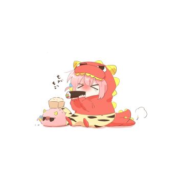 >_< 1girl blush bocchi_the_rock! chibi chibi_only closed_eyes commentary_request cube_hair_ornament dual_persona eating ehoumaki food full_body gotoh_hitori gotoh_hitori_(tsuchinoko) hair_ornament holding holding_food makizushi nose_blush one_side_up oni_costume pink_hair rebecca_(keinelove) simple_background sitting sushi tears white_background