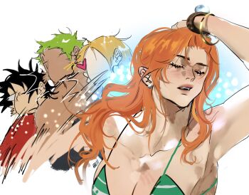 1girl 3boys armpits bikini black_hair blonde_hair bracelet breasts closed_eyes green_bikini green_hair hellaswag12345 jewelry log_pose long_hair meme monkey_d._luffy multicolored_bikini multiple_boys nami_(one_piece) nami_(one_piece)_(return_to_sabaody) naoya_hitting_choso_without_looking_(meme) one_piece orange_hair roronoa_zoro sanji_(one_piece) slapping swimsuit two-tone_bikini white_bikini