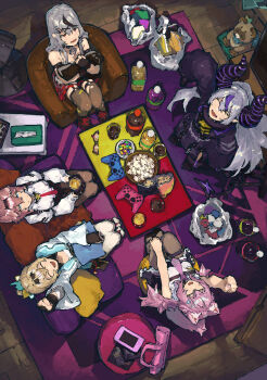 5girls absurdres animal_ear_fluff animal_ears arm_up bag bare_shoulders black_choker black_hair black_shoes blonde_hair blue_eyes bow breasts cellphone chair chemical_structure chips_(food) choker cleavage closed_eyes commentary_request controller demon_girl demon_horns drink feathered_wings food from_above glasses grey_hair hair_between_eyes hair_ornament hakui_koyori head_wings heart hexagon_hair_ornament highres hololive holox horns indoors japanese_clothes joystick kazama_iroha kimono la+_darknesss large_breasts long_sleeves multicolored_hair multiple_girls necktie on_chair open_mouth pantyhose phone pink_hair pink_necktie pokobee purple_hair red_eyes red_necktie sakamata_chloe shiloroshi shoes short_hair sitting smartphone table takane_lui virtual_youtuber wide_sleeves wings wolf_ears wolf_girl wooden_floor x_hair_ornament