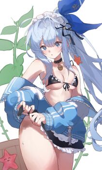 1girl :o absurdres anchor_(innocent_maid)_(nikke) anchor_(nikke) apron bikini black_bikini black_ribbon blue_bow blue_eyes blue_hair blue_jacket blush bow breasts collar cowboy_shot frilled_bikini frills front-tie_top goddess_of_victory:_nikke hair_bow hair_ornament hair_ribbon highres jacket jacket_partially_removed long_hair looking_down maid maid_bikini maid_headdress medium_breasts mirao ponytail ribbon solo standing starfish starfish_hair_ornament sweat swimsuit unconventional_maid very_long_hair waist_apron wet wet_clothes white_background wringing_clothes