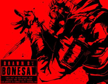 1boy absurdres artist_name bodysuit bonesaw_(rdkshinku) caiman_(dorohedoro) dagger dorohedoro english_text from_side gas_mask gloves hands_up high_contrast highres holding holding_dagger holding_knife holding_weapon hood hood_down hunched_over knife lizardman long_sleeves looking_ahead male_focus mask monochrome open_hand paint_splatter pixelated profile red_background red_theme reptile_boy small_pupils solo upper_body weapon