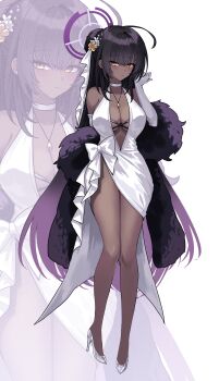 1girl absurdres alternate_costume bare_shoulders black_hair blue_archive bow breasts cleavage closed_mouth commentary_request dark-skinned_female dark_skin dress elbow_gloves full_body gloves grey_gloves hair_between_eyes halo hand_up high_heels highres karin_(blue_archive) kyundoo large_breasts long_hair looking_at_viewer multicolored_hair purple_hair purple_halo shoes sleeveless sleeveless_dress very_long_hair white_background white_bow white_dress white_shoes yellow_eyes zoom_layer