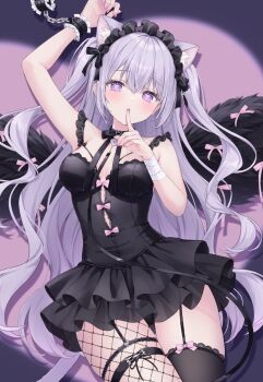 1girl animal_ears arm_up bandaged_arm bandages bare_shoulders black_dress breasts cat_ears cat_tail commentary cuffs dress english_commentary finger_to_mouth fishnet_pantyhose fishnets garter_straps grey_hair handcuffs headdress heart heart-shaped_pupils highres long_hair looking_at_viewer medium_breasts original pantyhose parted_lips purple_eyes shano_hiyori shushing single_thighhigh sleeveless sleeveless_dress solo symbol-shaped_pupils tail thigh_strap thighhighs two_side_up very_long_hair wings