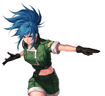1girl blue_eyes blue_hair breasts gloves leather leona_heidern long_hair looking_at_viewer medium_breasts military pale_skin the_king_of_fighters thick_thighs thighs