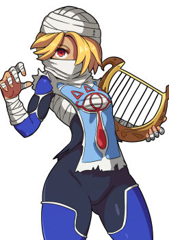 1boy absurdres androgynous bandaged_arm bandages blonde_hair blue_bodysuit bodysuit cianter commentary english_commentary hair_over_one_eye highres holding_harp looking_at_viewer mixed-language_commentary nintendo red_eyes sarashi sheik short_hair simple_background solo the_legend_of_zelda the_legend_of_zelda:_ocarina_of_time white_background