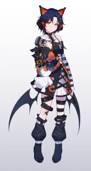 1girl absurdres animal_ear_headphones animal_ears blue_hair blush chinese_commentary closed_mouth commentary_request cosplay fake_animal_ears full_body girls_band_cry hand_up headphones highres long_sleeves looking_at_viewer mahou_shoujo_no_majo_saiban nana_(girls_band_cry) sawatari_coco sawatari_coco_(cosplay) short_hair simple_background solo striped_clothes striped_thighhighs thigh_strap thighhighs white_background wings yellow_eyes yun_cao_bing