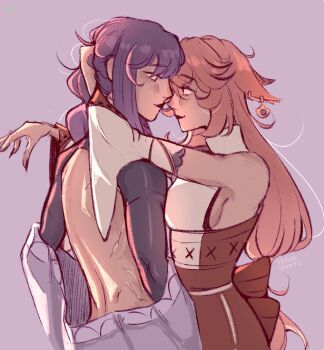 Rule 34 | 2girls, animal ears, arms around neck, backless outfit, bare shoulders, breasts, closed mouth, commentary, detached sleeves, dress, earrings, english commentary, eye contact, fox ears, genshin impact, hand in another's hair, highres, jewelry, long hair, looking at another, multiple girls, pink hair, purple background, purple hair, raiden shogun, red dress, scar, scar on back, seeliec0urts, sideboob, simple background, smile, yae miko, yuri