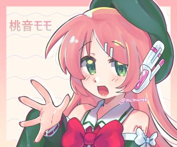 Rule 34 | 1girl, border, bow, bowtie, character name, collared shirt, commentary, detached sleeves, green eyes, hair ornament, hairclip, hat, highres, long hair, long sleeves, looking at viewer, momone momo, nicmangle, open mouth, outside border, pink border, pink hair, ribbon-trimmed sleeves, ribbon trim, robot ears, shirt, sleeveless, sleeveless shirt, smile, solo, symbol-only commentary, utau