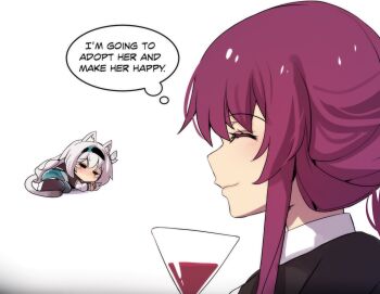 2girls =_= ^_^ animal_ears black_hairband black_jacket blush cat_ears cat_tail chibi closed_eyes cup drinking_glass english_text firefly_(honkai:_star_rail) hairband higher_resolution_available highres hinghoi honkai:_star_rail honkai_(series) jacket kafka_(honkai:_star_rail) kemonomimi_mode long_hair multiple_girls nose_blush purple_hair sidelocks simple_background sleeping smile speech_bubble tail thought_bubble white_background white_hair wine_glass