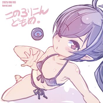 1girl ;o ahoge armpit_crease backbeako_(torotei) backbeard barefoot bikini black_bikini black_hair blush breasts collarbone commentary dated dated_commentary front-tie_bikini_top front-tie_top gegege_no_kitarou hair_over_one_eye knee_up kono_lolicon_domome loli long_hair looking_at_viewer lying micro_bikini on_side one_eye_closed original outstretched_hand paid_reward_available pointy_ears red_eyes side-tie_bikini_bottom side_ponytail simple_background small_breasts solo swimsuit torotei translated watermark web_address white_background