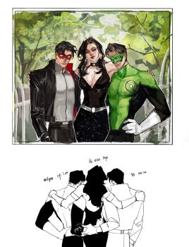 2boys absurdres black_hair bodysuit breasts dc_comics domino_mask donna_troy dtleavemealone earrings eye_mask gloves green_bodysuit green_lantern_(series) green_lantern_corps highres jason_todd jewelry kyle_rayner large_breasts large_pectorals long_hair looking_at_viewer mask multicolored_bodysuit multiple_boys muscular muscular_male pants pectorals ring short_hair smile star_(symbol) two-tone_bodysuit white_gloves wonder_woman_(series)