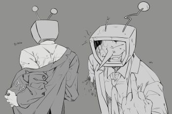 1boy ant_tenna antennae broken_antenna cable crack crt deltarune fang furrowed_brow highres hulu0416 humanoid_robot korean_commentary korean_text long_nose male_focus mechabare middle_finger missing_limb multiple_views necktie object_head open_mouth pointy_nose robot shirt sweat unbuttoned_jacket utdr_(toby_fox) wire