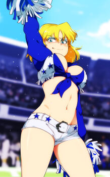 1girl arm_up belt blonde_hair blurry blurry_background breasts cheerleader commentary cowboy_shot dallas_cowboys day english_commentary female_focus green_eyes highres jcm2 large_breasts looking_at_viewer lori_loud micro_shorts midriff navel outdoors pom_pom_(cheerleading) shirt short_hair short_shorts shorts smile smirk solo sparkle the_loud_house tied_shirt