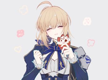 1girl ahoge aqueasirius armor artoria_pendragon_(fate) blonde_hair blue_bow blue_bowtie blue_dress blush bow bowtie breasts buttons cleavage_cutout clenched_hand closed_eyes clothing_cutout dress fate/stay_night fate/unlimited_blade_works fate_(series) flower food fruit grey_background hair_between_eyes hair_bow hands_up happy heart holding holding_food holding_ice_cream holding_ice_cream_cone honkai:_star_rail honkai_(series) ice_cream ice_cream_cone juliet_sleeves long_sleeves medium_breasts open_mouth pink_flower puffy_sleeves saber_(fate) saber_(honkai:_star_rail)_(fate) short_hair shoulder_armor sidelocks simple_background smile solo strawberry upper_body