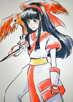 1girl black_hair breasts clenched_hand expressionless fingerless_gloves gloves hair_ribbon highres legs long_hair mamahaha nakoruru pants ribbon samurai_spirits small_breasts snk the_king_of_fighters thighs traditional_media weapon