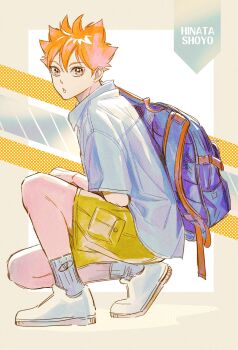 Rule 34 | 1boy, backpack, bag, character name, collared shirt, commentary, from side, haikyuu!!, highres, hinata shouyou, looking at viewer, male focus, open mouth, orange hair, shirt, shoes, short hair, shorts, sitting, socks, solo, ssom, symbol-only commentary, white shirt, white shoes, white socks, yellow shorts