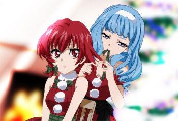Rule 34 | 2girls, ange serena, blue hair, breasts, christmas, christmas tree, closed mouth, dress, fireplace, fumiko (mesushi), iria animi, long hair, multiple girls, red eyes, red hair, santa costume, santa dress, short hair, smile, tales of (series), tales of innocence