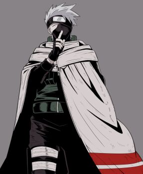 1boy black_gloves black_pants black_shirt cloak closed_eyes facing_viewer fingerless_gloves flak_jacket forehead_protector gloves grey_background grey_hair hatake_kakashi highres jacket konohagakure_symbol long_sleeves male_focus mask mouth_mask naruto_(series) naruto_shippuuden pants sameccor shirt short_hair solo white_cloak
