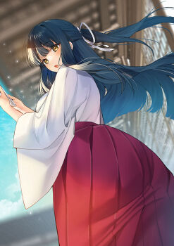 1girl black_hair blunt_bangs blunt_ends blurry blurry_background blush brown_eyes commentary_request cowboy_shot floating_hair guest_art hair_ribbon hakama hakama_skirt half_updo iya_na_kao_sare_nagara_opantsu_misete_moraitai izumo_iori japanese_clothes kosode looking_at_viewer miko open_mouth red_hakama ribbon second-party_source sino42 skirt solo white_ribbon