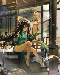 Rule 34 | 2girls, absurdres, arknights, bead bracelet, beads, bracelet, china dress, chinese clothes, colored skin, dizzen, dragon girl, dragon horns, dragon tail, dress, dusk (arknights), dusk (everything is a miracle) (arknights), earrings, fiery tail, gradient skin, green horns, green skin, highres, horns, jewelry, leg tattoo, looking at object, multicolored hair, multiple girls, nian (arknights), nian (unfettered freedom) (arknights), red skin, sleeveless, sleeveless dress, soap bubbles, streaked hair, tail, tassel, tassel earrings, tattoo